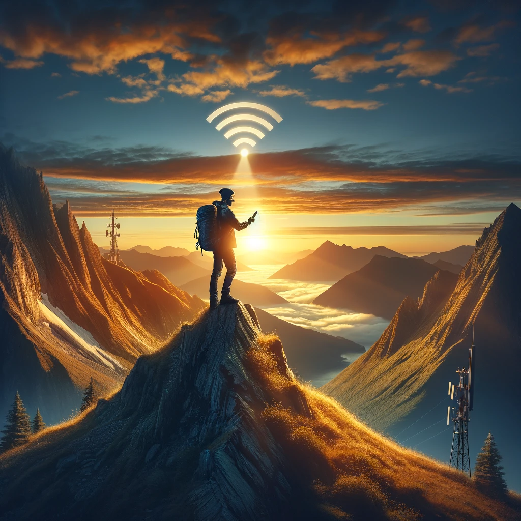 DALL·E 2024-03-23 05.51.43 - An image of a traveler standing on top of a mountain, holding a smartphone, showing a signal connection, with the sunrise in the background