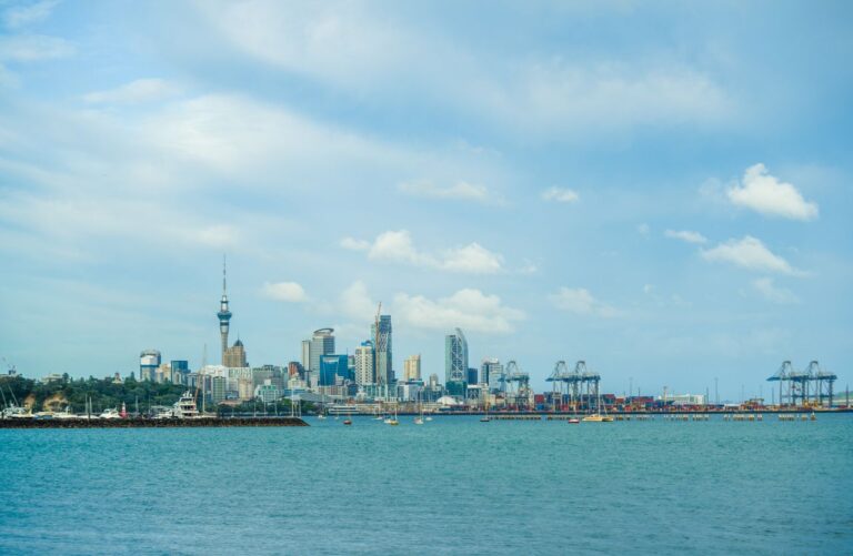 Stunning view of Auckland's skyline with boats in the harbor under a clear blue sky.