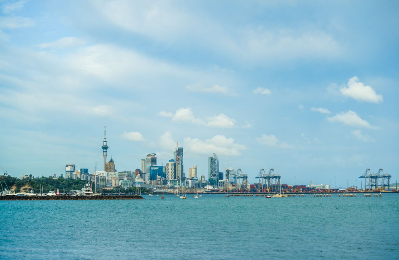 Stunning view of Auckland's skyline with boats in the harbor under a clear blue sky.
