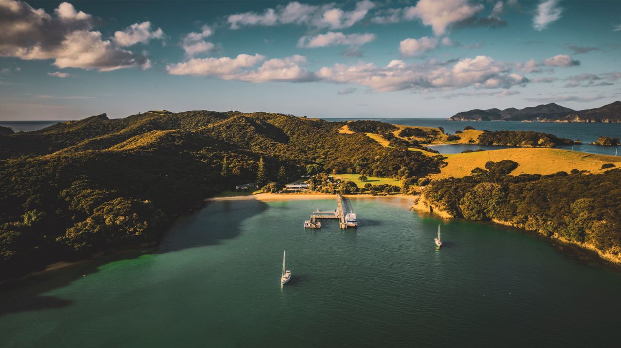 A breathtaking aerial shot of a serene harbor in Northland, New Zealand, featuring sailboats and lush hills.