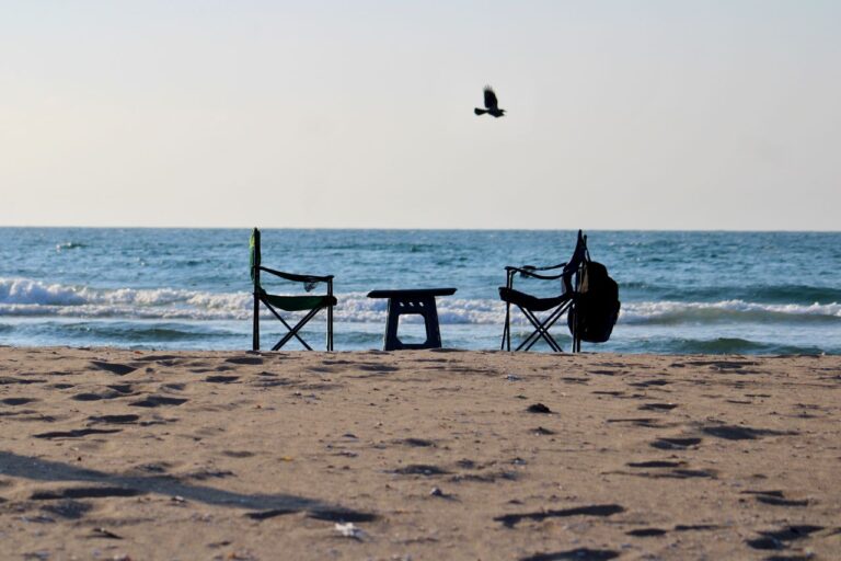 Empty beach chairs facing the serene ocean with waves breaking gently on a sunny day.