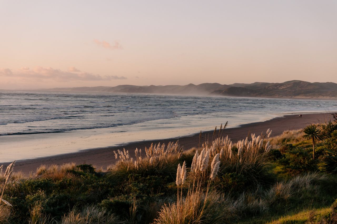 Serene view of Raglan Beach at sunset with waves and coastal grass in Waikato, New Zealand.