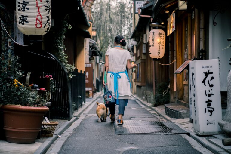 An Asian woman walks her dog through a traditional Kyoto alley, surrounded by lanterns and wooden houses.